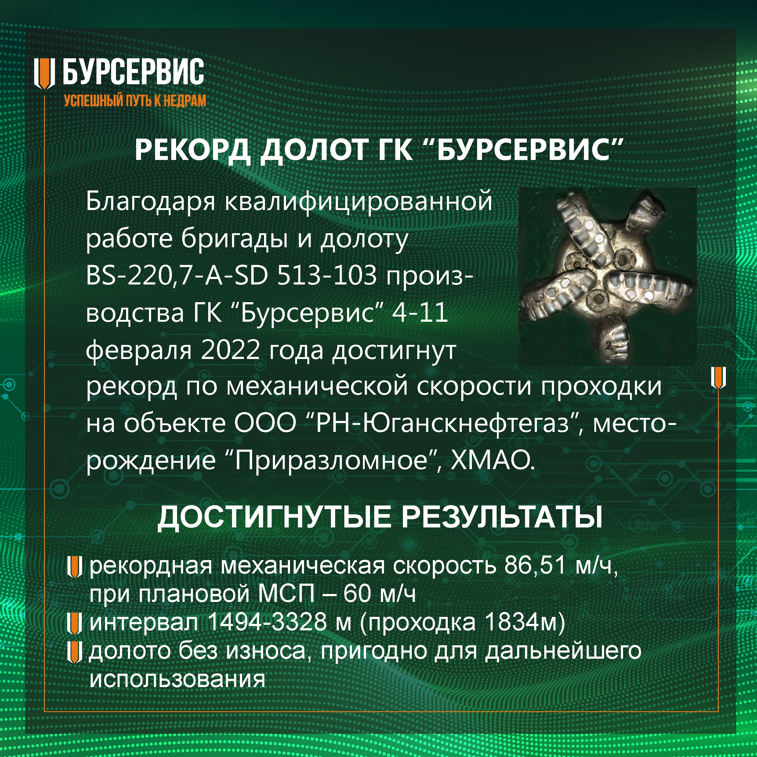 Бурсервис — Рекорд по механической скорости проходки на м/р Приразломное